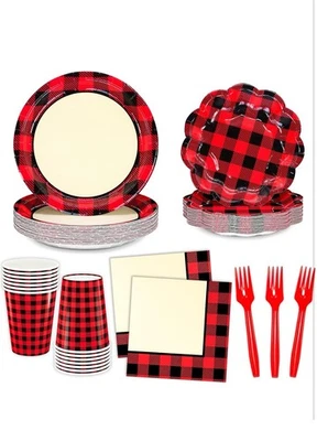 Red and Black Buffalo Plaid Party Supplies, 9.2'' Checkered Dinner Paper Plat... - Image 1 of 4