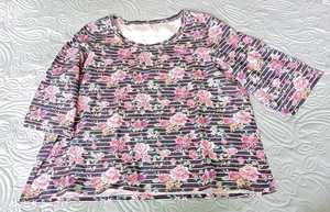 Lightly worn Roses + stripes cotton jersey 3/4 sleeve scoop neck tee shirt 20-22 - Picture 1 of 1