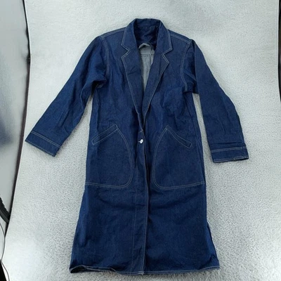 Vtg Denim Duster Coat Womens Medium Blue Long Trench Workwear Patch Pockets USA - Image 1 of 4