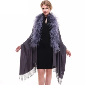 Women Real Ostrich Feather Fur Collar Cashmere Cape Winter Warm For Party Gray - Picture 1 of 4
