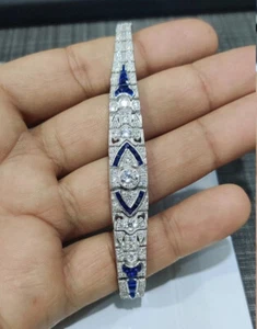 5 Ct Round Vintage Art Deco Lab Created White & Blue Diamond Bracelet 925 Silver - Picture 1 of 9