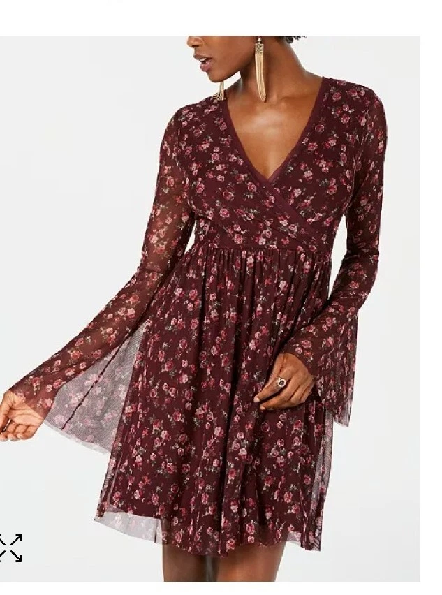 American Rag Fit And Flare Red Floral Dress Size Large V Neck Lace Bell Sleeve - Изображение 1 из 4