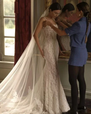 Lace Open Back Mermaid Wedding Dresses Spaghetti Straps Princess Bride Gowns - Image 1 of 4