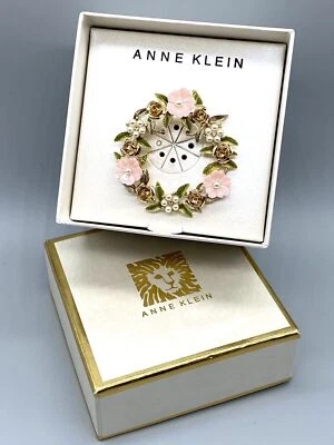 Broche Prendedor Anne Klein Tono Dorado Floral Corona Rosa Perla Estrás Hoja Rosa Foto 1 de 4