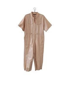 New ZARA XL Tan Gabardine Cargo Utility Jumpsuit Women - Picture 1 of 15