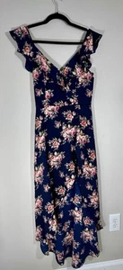 IZ BYER Junior Girl’s Dress Size 5 Navy Blue Floral Ruffle Hi Low Faux Wrap - Picture 1 of 7