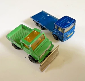 Majorette 224 Unimog Snow Plow Plough & Saviem Flatbed Truck 1:82 Vintage 70s x2 - Picture 1 of 3