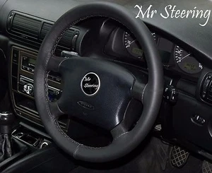 FOR VW JETTA / BORA mk4 BLACK LEATHER STEERING WHEEL COVER 98-04 GREY STITCH - Picture 1 of 3