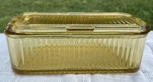 Vintage Federal Bernstein Gelb Glas Kühlschrank Gerippt Schale Deckel Vertiefung Glas 9" - Bild 1 von 9