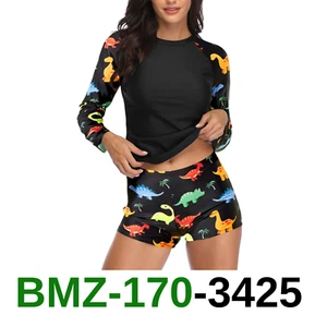 Daci Women Black Dinosaur Two Piece Rash Guard Long Sleeve Swimsuits UV, XXL - Picture 1 of 4