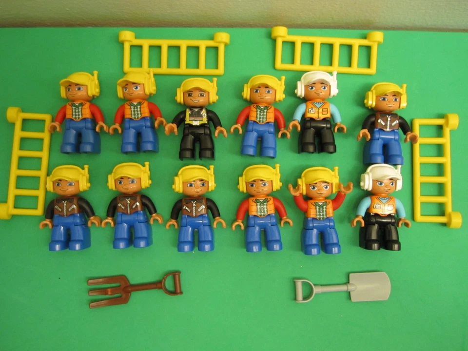 Lot 12 LEGO Duplo Figures City Workers Hat Headsets (4) Railing (2) Tools - Image 1 of 3