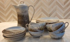 29 PC. ANTIQUE SIGNED NIPPON CHOCOLATE COFFEE POT CAKE SET IRIS FLOWERS MT. FUJI - Picture 1 of 6