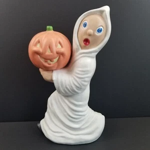 VTG 80s Halloween Ghost Boy Holding Pumpkin Jack O Lantern Ceramic Statue Decor - Picture 1 of 12