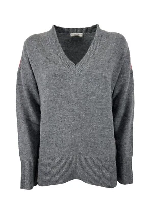 TERRAE CASHMERE maglia donna a v grigio piping corallo TC00247D 100% cashmere - Immagine 1 di 4