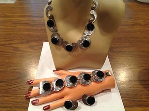 60s Signed "JB" TAXCO? Sterling SS  Blk Onyx Neclace Bracelet Earrings 145 Grams - Picture 1 of 12