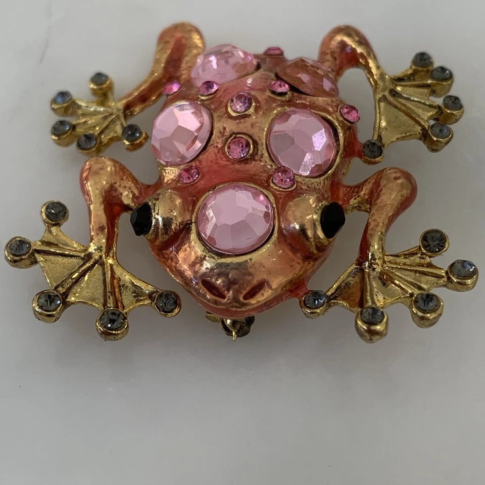 PIN RANA ESMALTE GRANDE FUNKY ROSA ACRÍLICO Y CRISTALES MODA CONTEMPORÁNEA  Foto 1 de 4