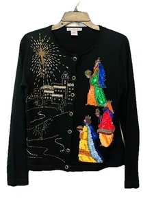 Vintage Belle Pointe Damen Pullover Krippe Perlen Pailletten Größe Small Weihnachten - Bild 1 von 7
