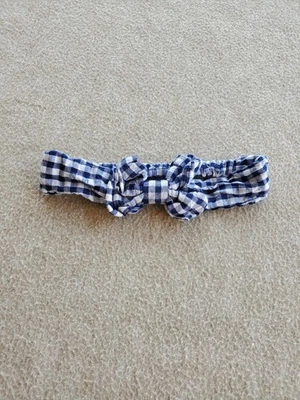 Infant Girl Blue White Plaid Headband With Bow Cotton Newborn Baby Girl - Image 1 of 3