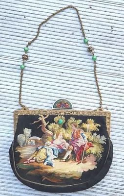 Elegant Antique Victorian French Aubusson Tapestry Purse Gold Jeweled Frame  - Image 1 of 4