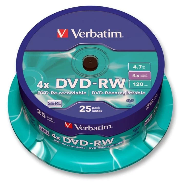 VERBATIM - 4x Speed DVD-RW Matt Silver Blank DVDs - 25 Pack Spindle - Image 1 of 1