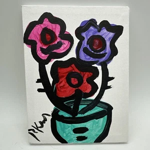 Peter Keil Abstract Flowers In Pot Painting Signed Original Art Small Canvas 6x8 - Picture 1 of 5