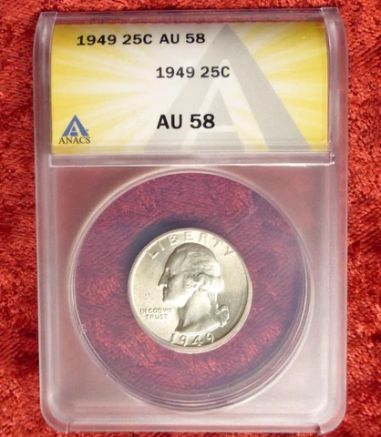 1949 ANACS AU 58 Washington Silver Quarter, Better Date Silver 25-Cent Coin Cover