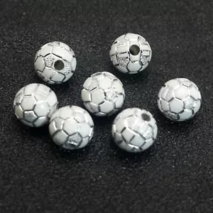 100 White Sparkling Silver Football Soccer Pattern Acrylic Round Beads 10mm Funn - Picture 1 of 8