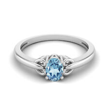 10k White Gold 6x4MM Oval Shape Blue Topaz Gemstone Solitaire Women Promise Ring