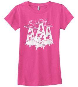 Dinosaur Alien Abduction Girls Fitted T-Shirt Funny UFO T-Rex Science - Picture 1 of 11