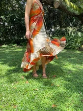Womens Summer Maxi Dress, Halter Dresses Orange Swing Strap Boho Beach MAXI SML