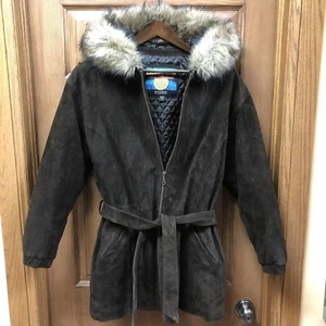 Women's WILSONS ADVENTURE BOUND Suede Leather Coat Belted Jacket w/ Hood Small - Picture 1 of 5
