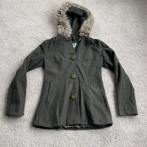 Maria Coat Womens Small Hooded Fur Wool Mid Length Jacket Button Winter - Picture 1 of 14