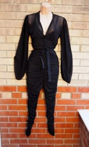 Boohoo black mesh ruched long sleeve sheer fitted party winter jumpsuit catsuit - Picture 1 of 6