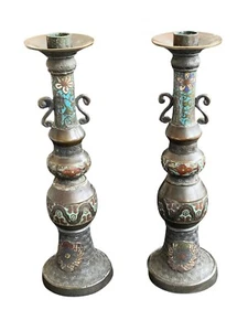 Chinese Champleve Candlesticks ~ bronze, cloisonné  ~ pair ~ antique - Picture 1 of 9