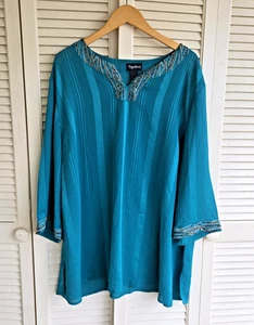 Maggie Barnes Tunika Top grün-blau 2X (22/24) Perlen Akzente Bauernbluse - Bild 1 von 10