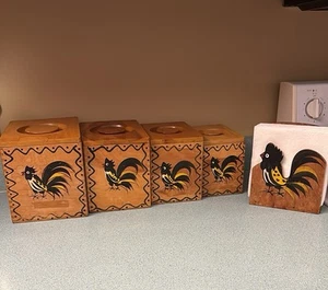 Vintage All Wood Rooster Canister Set Of 4 Plus Napkin Holder Woodpecker Brand - Picture 1 of 22