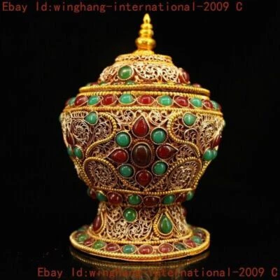 antiga filigrana de prata tibetana incrustada gema osso budista relíquia Zun Tanks pote de crock - Imagem 1 de 4