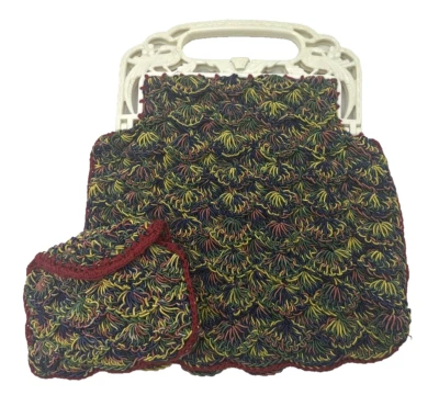 1940s Art Deco Rainbow Cord Crochet Handbag w/ Coin Purse White Celluloid Handle - Image 1 of 4