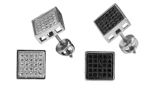 925 Sterling Silver Square High Quality Micro Pave Kite Screw Back Earrings - Foto 1 di 5