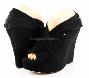 $160 BOUTIQUE 9 GIBSIN Black Fabric Designer Platform Open Toe Wedges 6.5 - Picture 1 of 4