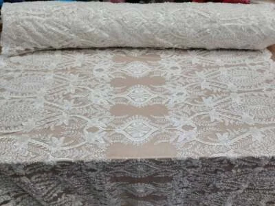Fabric Sold By The Yard Off White Beaded Bridal Lace Embroidery Floral Flowers  - Image 1 of 4