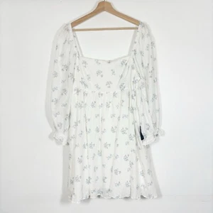 NWT Lulus Floral Puff Sleeves Dress Square Neck White Blue Sz XL - Picture 1 of 14