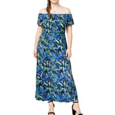 Maxi Vestido FOX + ROYAL Para Mujer Multi Plus Estampado de Palma Hombro Descubierto 1X TEDO Foto 1 de 2