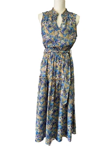 Entro Anthro Floral Sleeveless Maxi Dress Ruffle Neck Tie Waist Size Small 100% - Picture 1 of 10