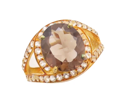 925 Sterling Silver Vintage Ring Gold Plated Smoky Quartz & Topaz  Sz 7  RG29373 - Image 1 of 4