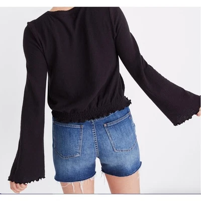 Madewell Texture & Thread Black Smocked Long Bell Sleeve Cropped Sweater Women M - Image 1 of 4