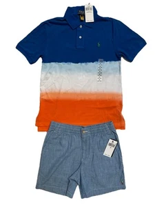 Polo Ralph Lauren Boys Short Set Size 10-12 Blue/WHT/ORNG Polo & Lt Blue Shorts - Picture 1 of 5