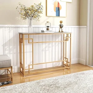 COSTWAY Console Meuble Entrée Effet Marbre Métal Doré 110cm Couloir Salon - Imagen 1 de 8