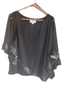 JR Nites Sheer Overlay Chiffon Top Black Cold Shoulder Sequin Drape Cape XL - Picture 1 of 7