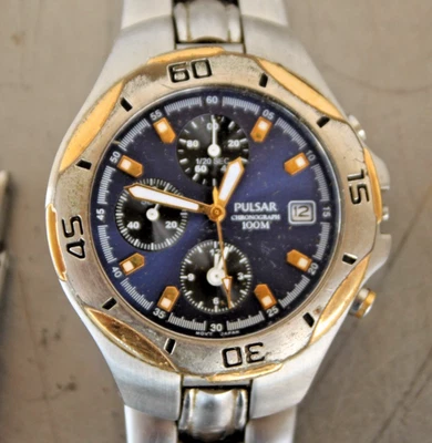 Pulsar YM92-X013 Chronograph 100M Blue Dial Stainless Mens Watch AS-IS #1 - Image 1 of 3
